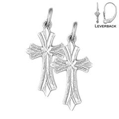 Sterling Silver 24mm Budded Cross Earrings (White or Yellow Gold Plated)