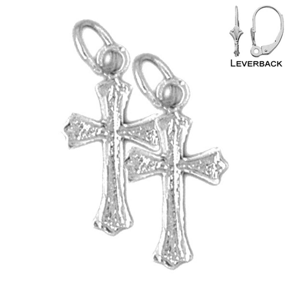 Sterling Silver 19mm Budded Cross Earrings (White or Yellow Gold Plated)