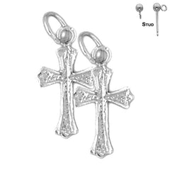 Sterling Silver 19mm Budded Cross Earrings (White or Yellow Gold Plated)