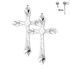 Sterling Silver 21mm Budded Cross Earrings (White or Yellow Gold Plated)