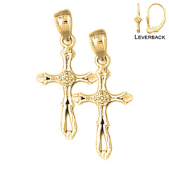 Sterling Silver 30mm Budded Cross Earrings (White or Yellow Gold Plated)