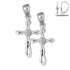 Sterling Silver 30mm Budded Cross Earrings (White or Yellow Gold Plated)