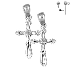 Sterling Silver 30mm Budded Cross Earrings (White or Yellow Gold Plated)