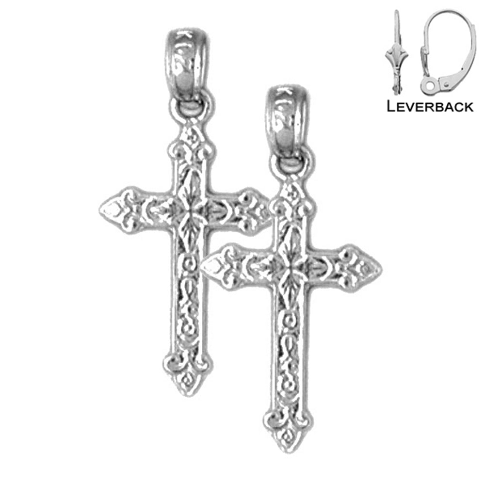 Sterling Silver 23mm Fleur de Lis Cross Earrings (White or Yellow Gold Plated)