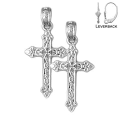 23 mm Fleur de Lis-Kreuz-Ohrringe aus Sterlingsilber (weiß- oder gelbvergoldet)