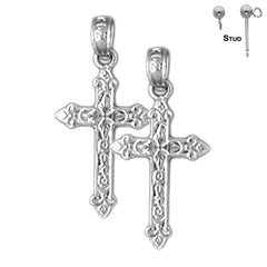 Sterling Silver 23mm Fleur de Lis Cross Earrings (White or Yellow Gold Plated)