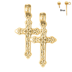 Sterling Silver 23mm Fleur de Lis Cross Earrings (White or Yellow Gold Plated)