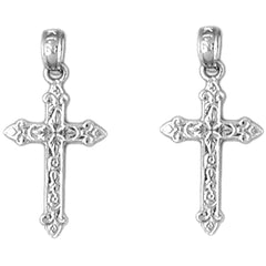 Sterling Silver 23mm Fleur de Lis Cross Earrings