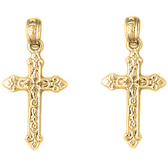 Yellow Gold-plated Silver 23mm Fleur de Lis Cross Earrings