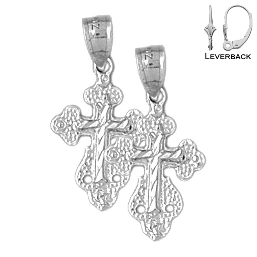 Sterling Silver 25mm Budded Cross Earrings (White or Yellow Gold Plated)