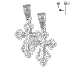 Sterling Silver 25mm Budded Cross Earrings (White or Yellow Gold Plated)