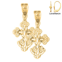 Sterling Silver 26mm Budded Cross Earrings (White or Yellow Gold Plated)