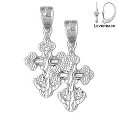 Sterling Silver 26mm Budded Cross Earrings (White or Yellow Gold Plated)