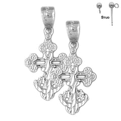 Sterling Silver 26mm Budded Cross Earrings (White or Yellow Gold Plated)