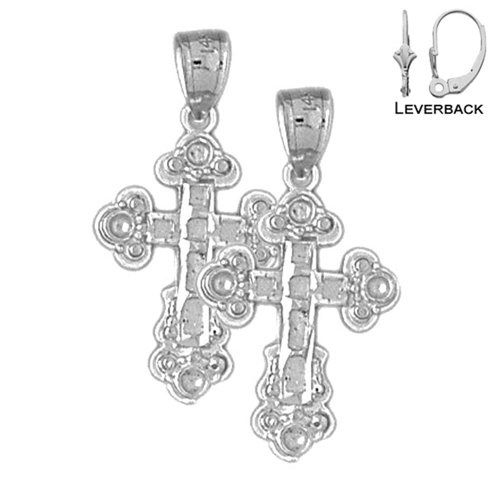 Sterling Silver 28mm Budded Cross Earrings (White or Yellow Gold Plated)