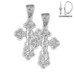 Sterling Silver 28mm Budded Cross Earrings (White or Yellow Gold Plated)