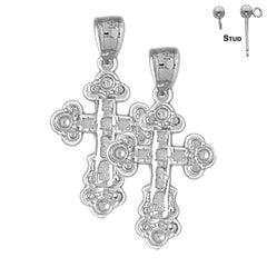 Sterling Silver 28mm Budded Cross Earrings (White or Yellow Gold Plated)