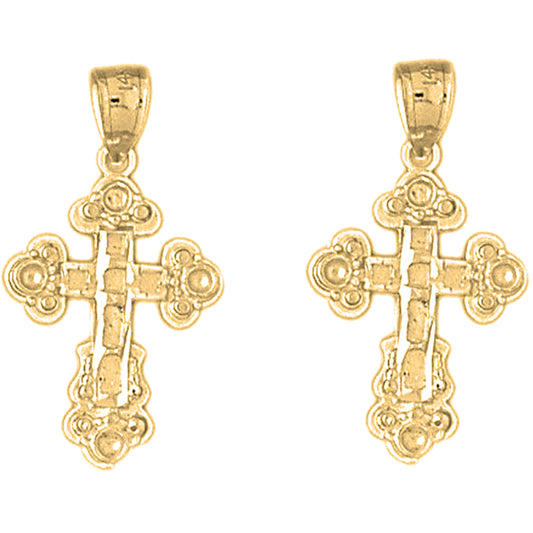 Yellow Gold-plated Silver 28mm Budded Cross Earrings
