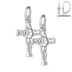 Sterling Silver 19mm Floral Cross Earrings (White or Yellow Gold Plated)