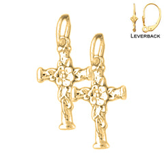 Sterling Silver 19mm Floral Cross Earrings (White or Yellow Gold Plated)