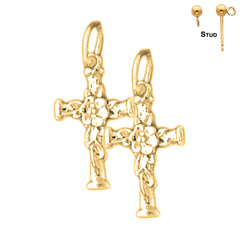 Sterling Silver 19mm Floral Cross Earrings (White or Yellow Gold Plated)