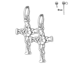 Sterling Silver 19mm Floral Cross Earrings (White or Yellow Gold Plated)