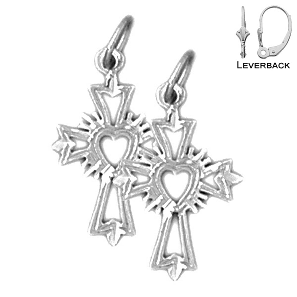 Sterling Silver 22mm Budded Heart Glory Cross Earrings (White or Yellow Gold Plated)