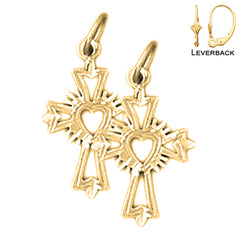 Sterling Silver 22mm Budded Heart Glory Cross Earrings (White or Yellow Gold Plated)