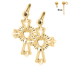 Sterling Silver 22mm Budded Heart Glory Cross Earrings (White or Yellow Gold Plated)