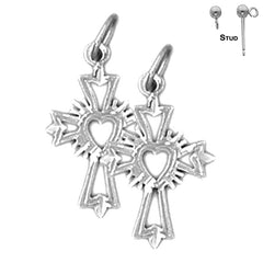 Sterling Silver 22mm Budded Heart Glory Cross Earrings (White or Yellow Gold Plated)