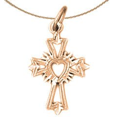 Colgante con cruz de gloria en forma de corazón con brotes de oro de 14 quilates o 18 quilates