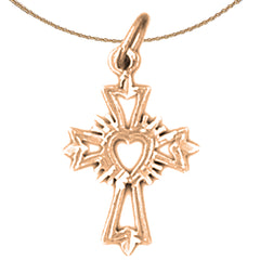 14K or 18K Gold Budded Heart Glory Cross Pendant