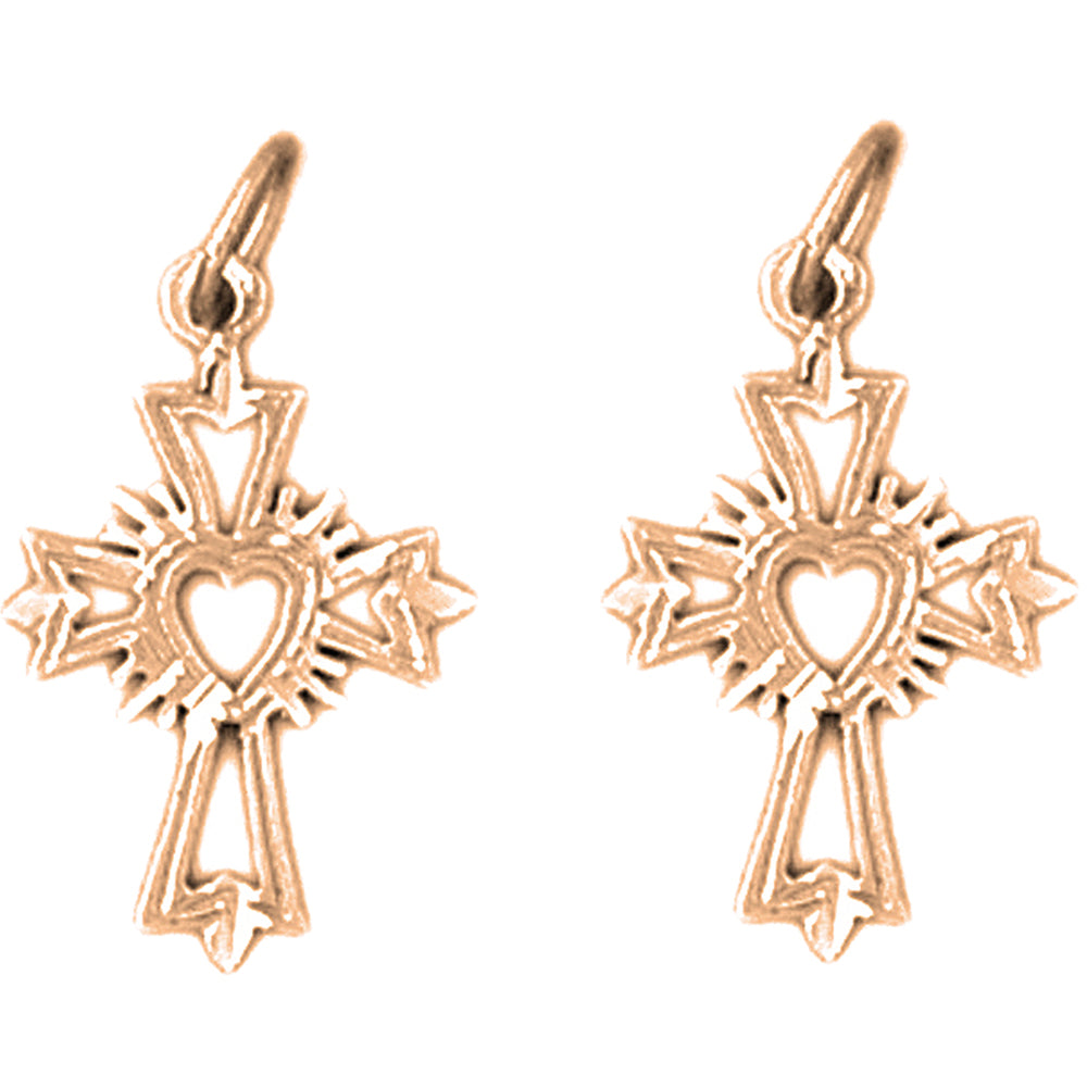 14K or 18K Gold 22mm Budded Heart Glory Cross Earrings