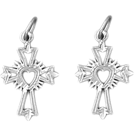 Sterling Silver 22mm Budded Heart Glory Cross Earrings