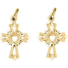 Yellow Gold-plated Silver 22mm Budded Heart Glory Cross Earrings