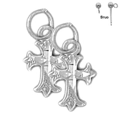 Sterling Silver 15mm Budded Cross Earrings (White or Yellow Gold Plated)