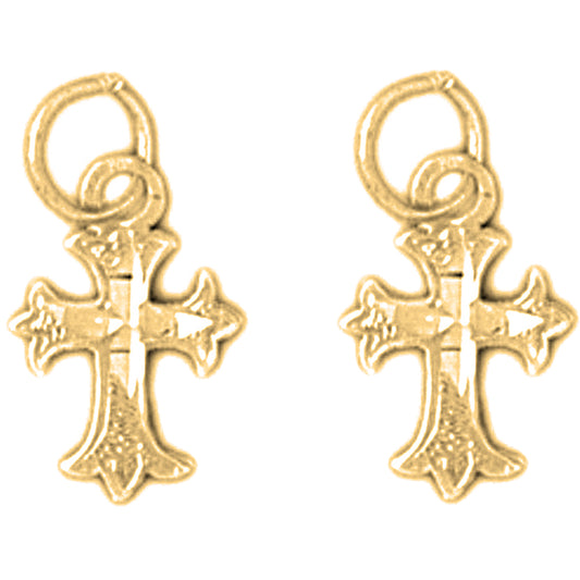 Yellow Gold-plated Silver 15mm Budded Cross Earrings