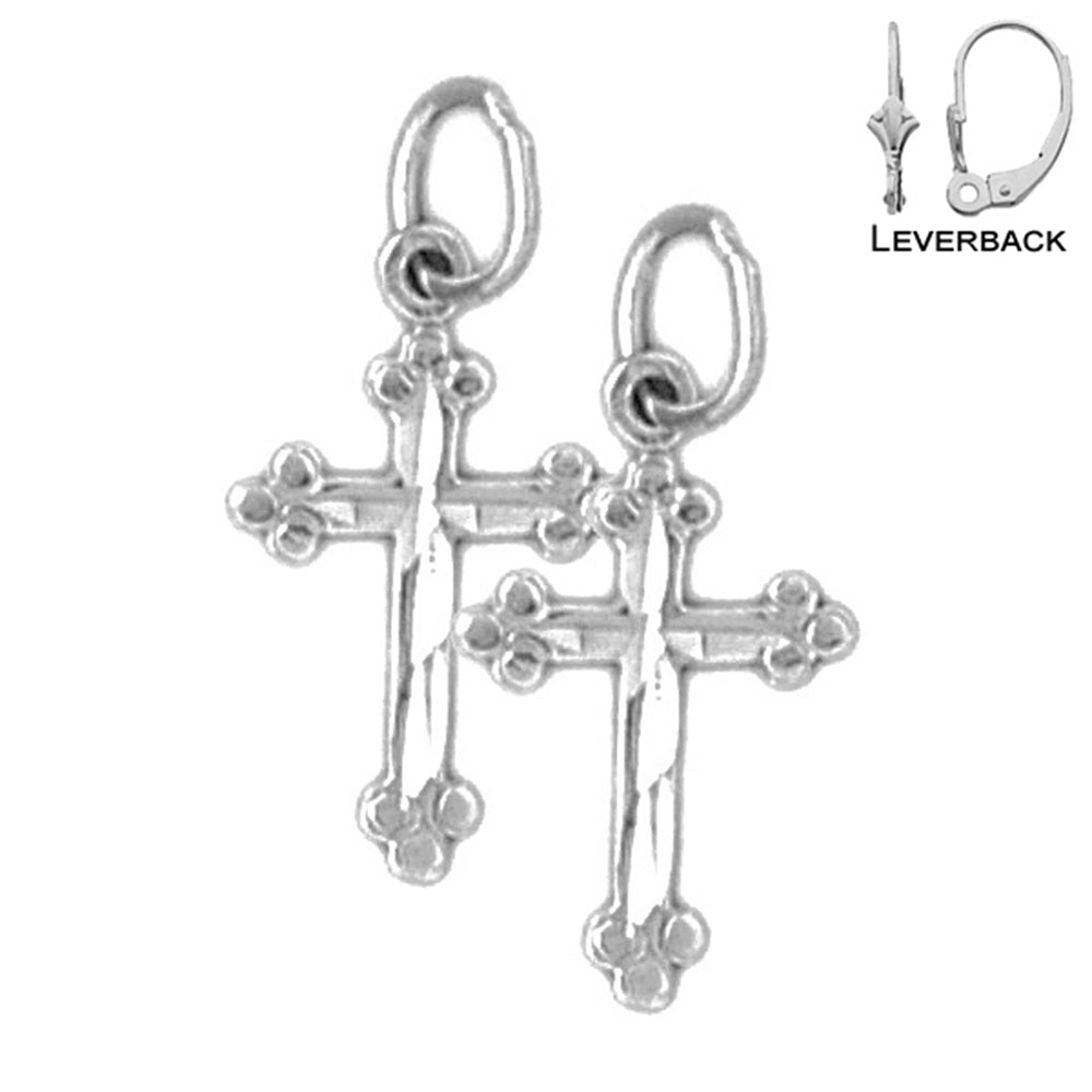 Sterling Silver 19mm Budded Cross Earrings (White or Yellow Gold Plated)