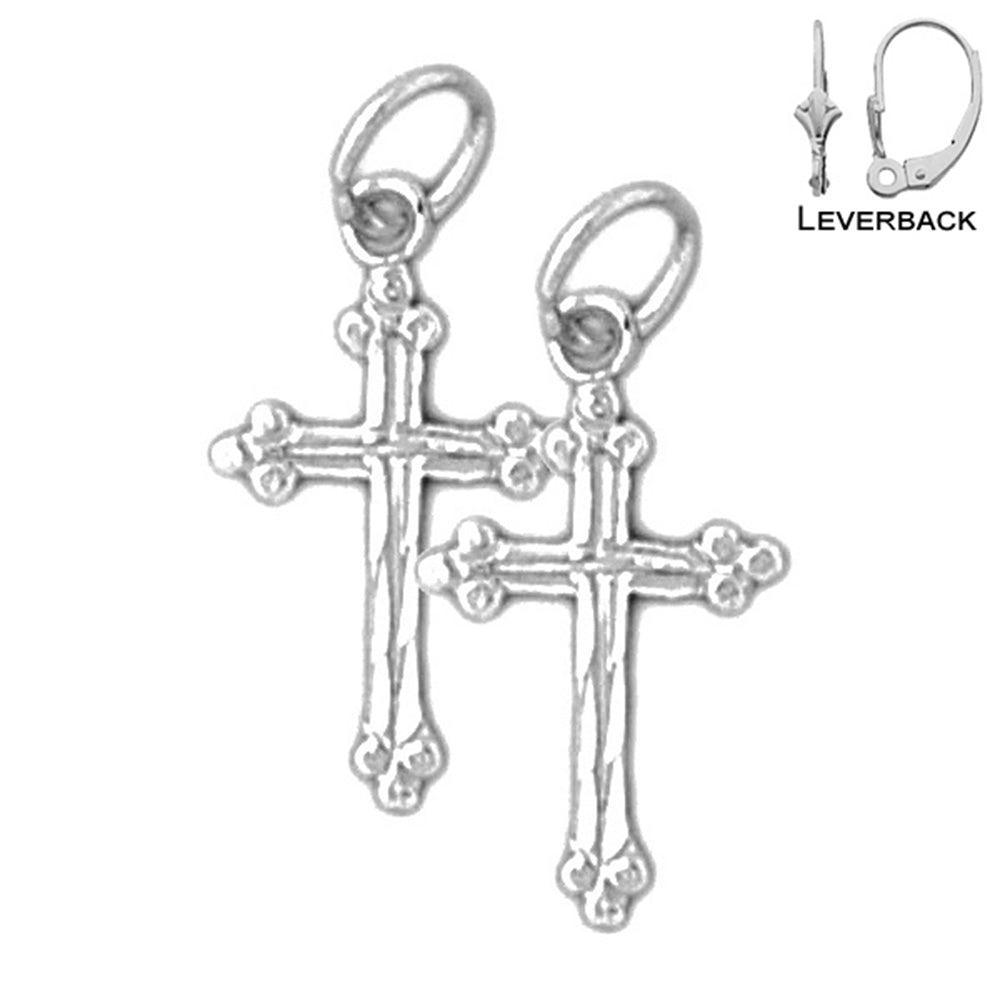 Sterling Silver 20mm Budded Cross Earrings (White or Yellow Gold Plated)