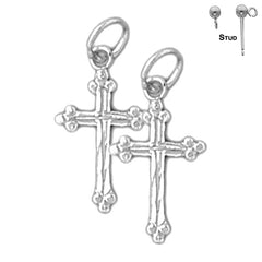 Sterling Silver 20mm Budded Cross Earrings (White or Yellow Gold Plated)