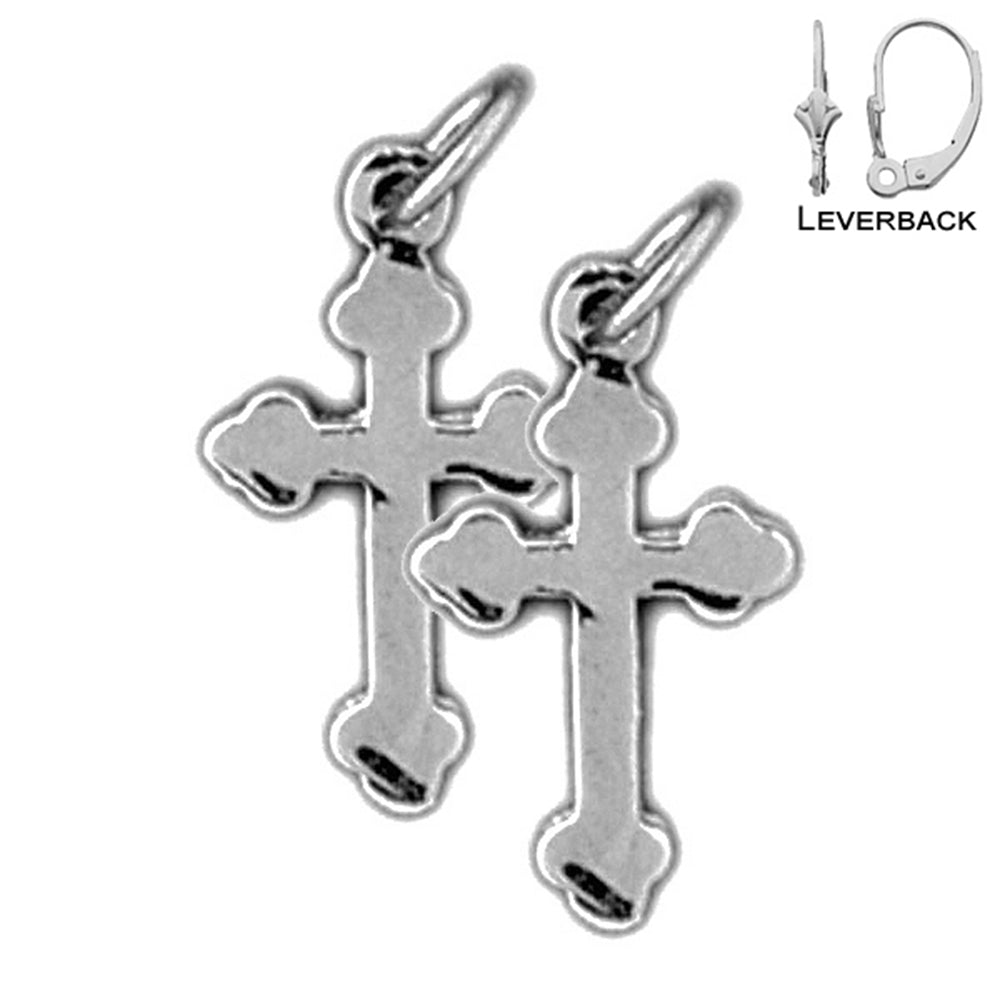 Sterling Silver 19mm Budded Cross Earrings (White or Yellow Gold Plated)