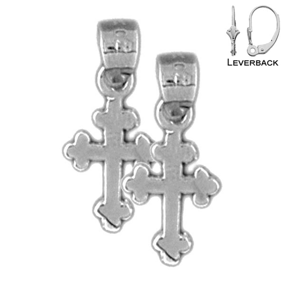 Sterling Silver 17mm Budded Cross Earrings (White or Yellow Gold Plated)