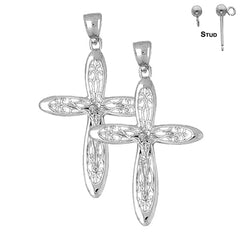 Sterling Silver 52mm Vine Crucifix Earrings (White or Yellow Gold Plated)