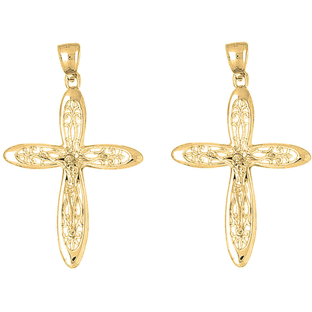 Yellow Gold-plated Silver 52mm Vine Crucifix Earrings