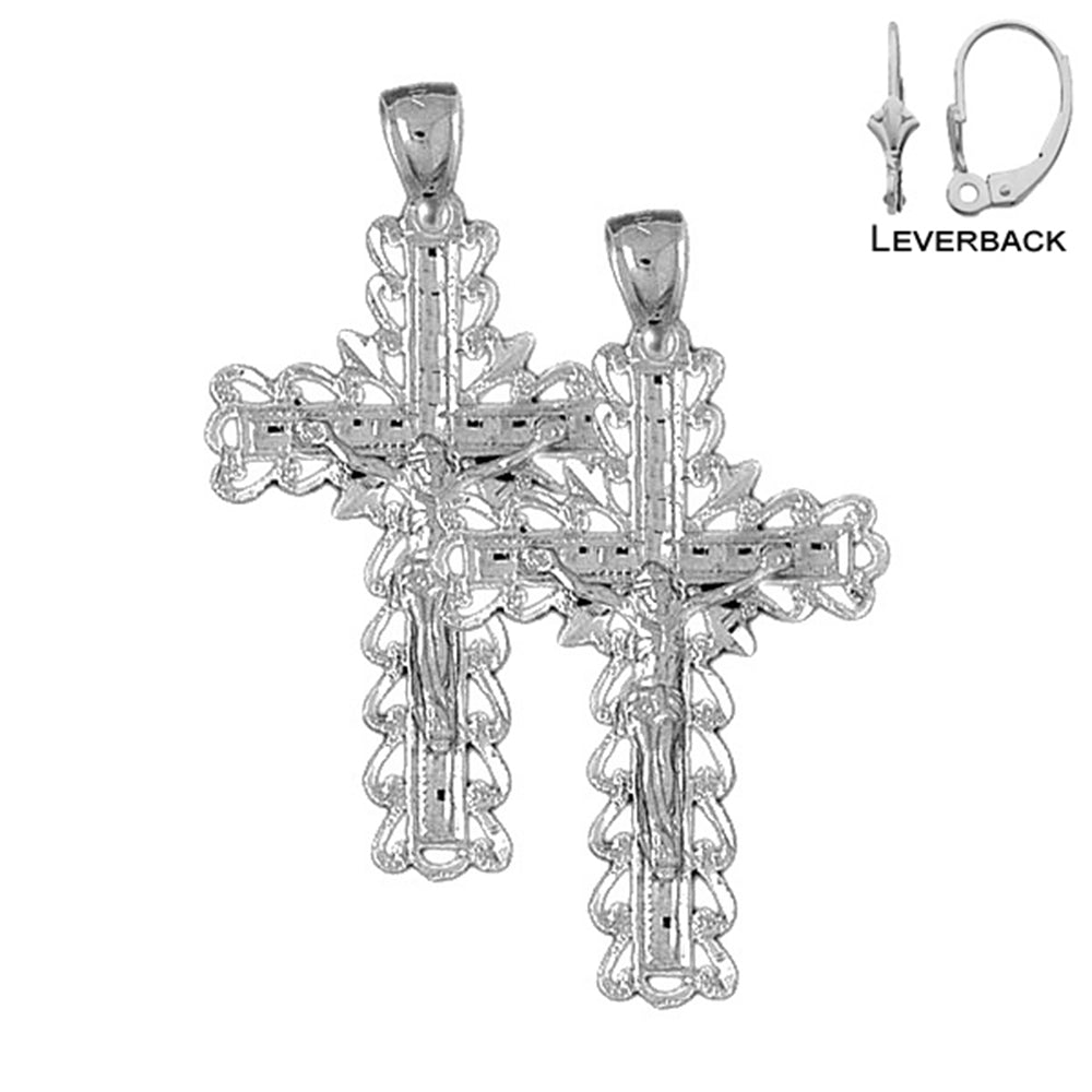 Sterling Silver 45mm Vine Crucifix Earrings (White or Yellow Gold Plated)