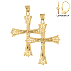 Sterling Silver 55mm Budded Crucifix Earrings (White or Yellow Gold Plated)