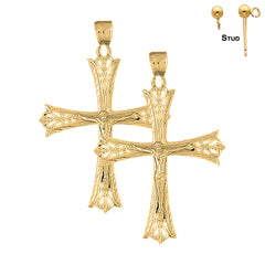 Sterling Silver 55mm Budded Crucifix Earrings (White or Yellow Gold Plated)