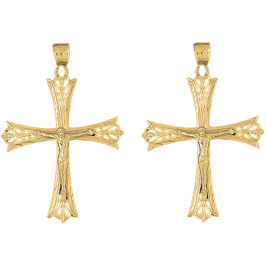 Yellow Gold-plated Silver 55mm Budded Crucifix Earrings