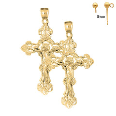 Sterling Silver 56mm Budded Crucifix Earrings (White or Yellow Gold Plated)