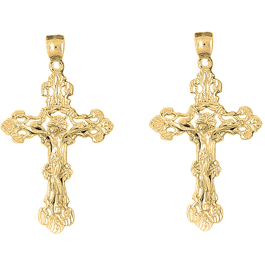 Yellow Gold-plated Silver 56mm Budded Crucifix Earrings